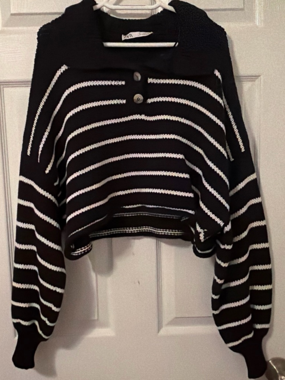 Striped Navy & White Cropped Sweater with Button Collar